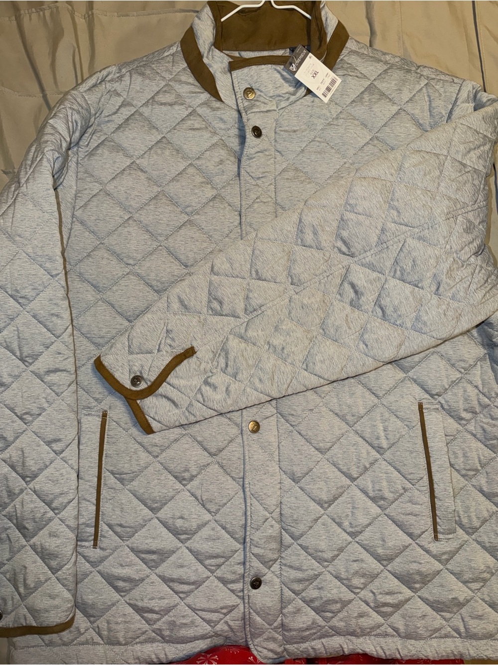 Daniel Cremieux Light Gray Quilted Pullover Jacket with Brown Trim